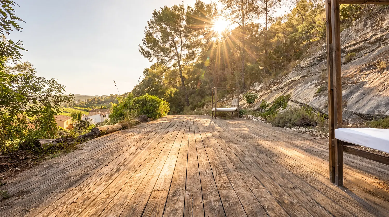 El Sielo, plataforma de madera sobre la roca al atardecer