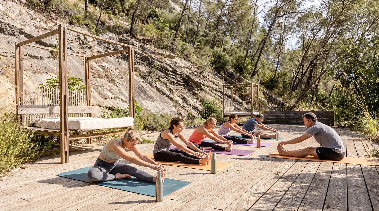 Clase de yoga en la plataforma de madera El Sielo