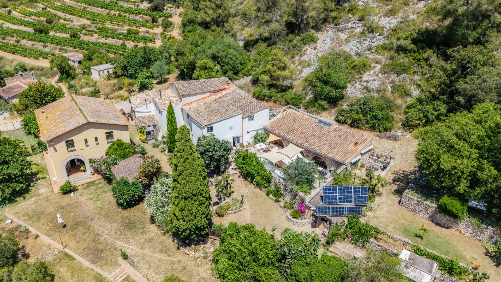 Vista aérea de Mas d'en Giralt entre viñedos y bosque del Garraf